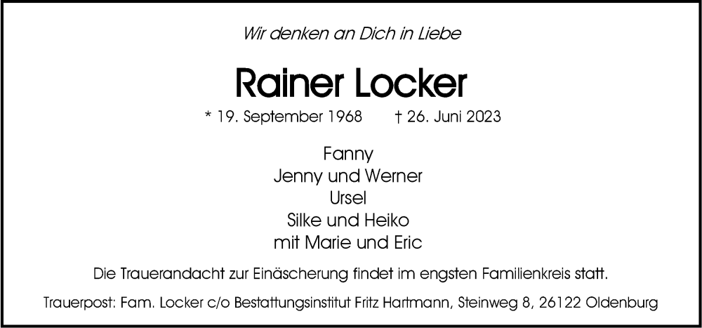  Traueranzeige für Rainer Locker vom 15.07.2023 aus Nordwest-Zeitung