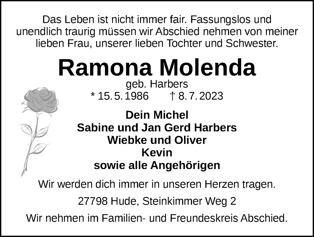  Traueranzeige für Ramona Molenda vom 13.07.2023 aus Nordwest-Zeitung