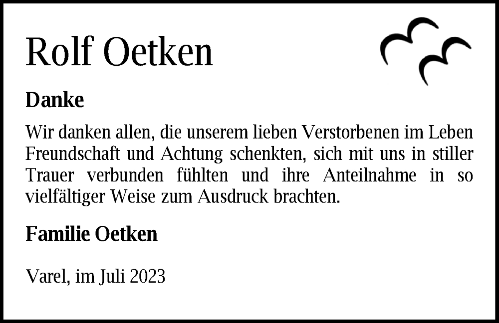  Traueranzeige für Rolf Oetken vom 11.07.2023 aus Nordwest-Zeitung