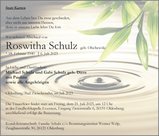 Traueranzeige von Roswitha Schulz von Nordwest-Zeitung