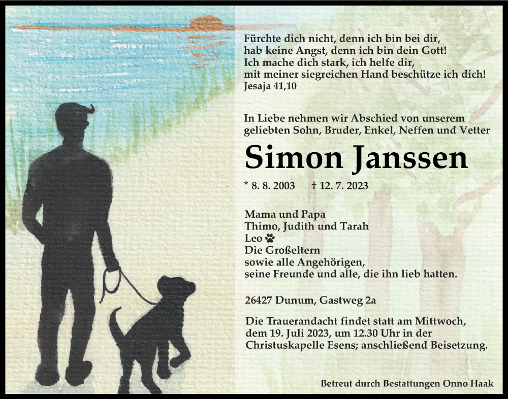  Traueranzeige für Simon Janssen vom 17.07.2023 aus WZ/JW/AH