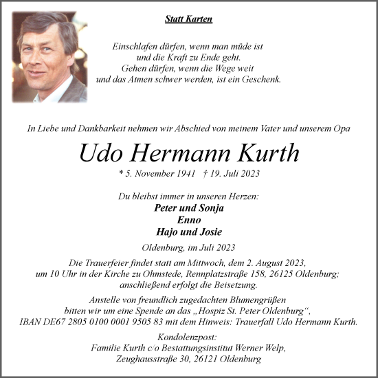 Traueranzeige von Udo Hermann Kurth von Nordwest-Zeitung
