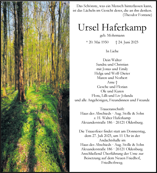 Traueranzeige von Ursel Haferkamp von Nordwest-Zeitung