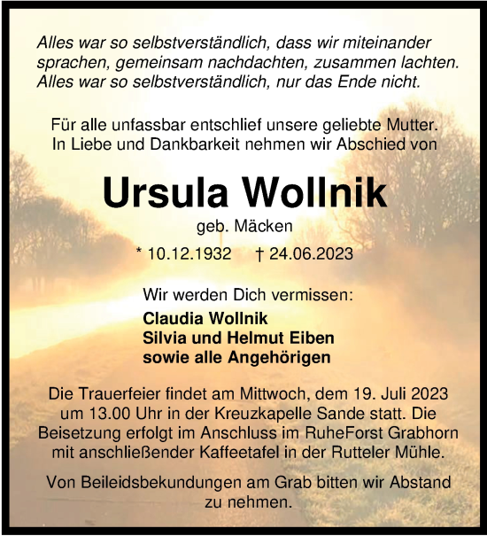 Traueranzeige von Ursula Wollnik von WZ/JW/AH