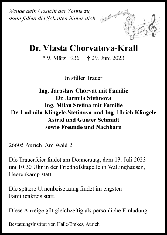 Traueranzeige von Vlasta Chorvatova-Krall von Emder Zeitung