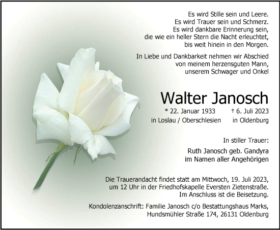 Traueranzeige von Walter Janosch von Nordwest-Zeitung