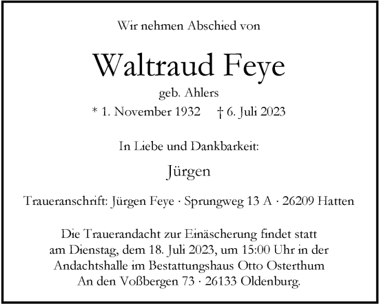 Traueranzeige von Waltraud Feye von Nordwest-Zeitung