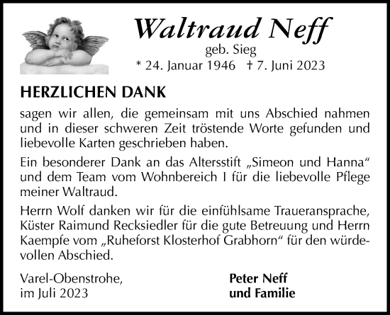 Traueranzeige von Waltraud Neff von Nordwest-Zeitung