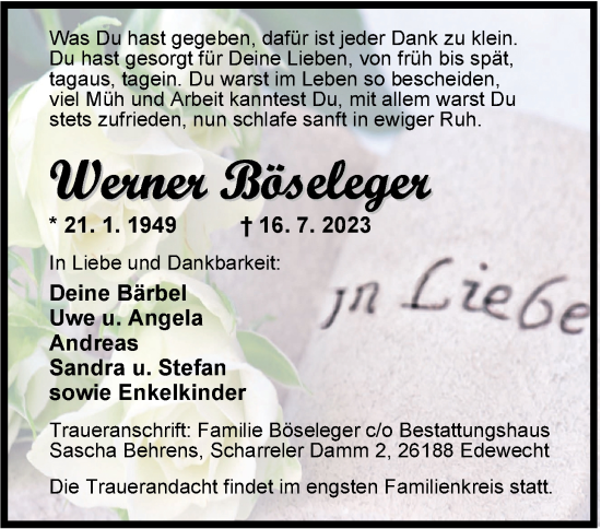 Traueranzeige von Werner Böseleger von Nordwest-Zeitung