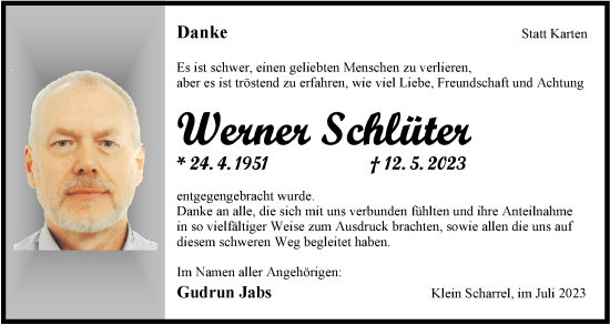 Traueranzeige von Werner Schlüter von Nordwest-Zeitung
