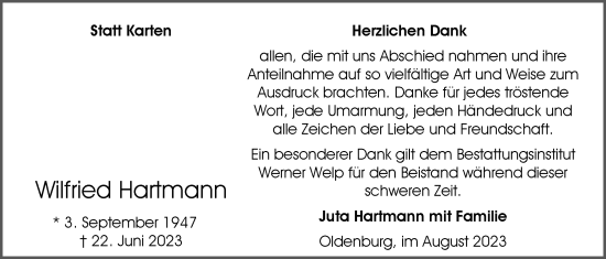 Traueranzeige von Wilfried Hartmann von Nordwest-Zeitung