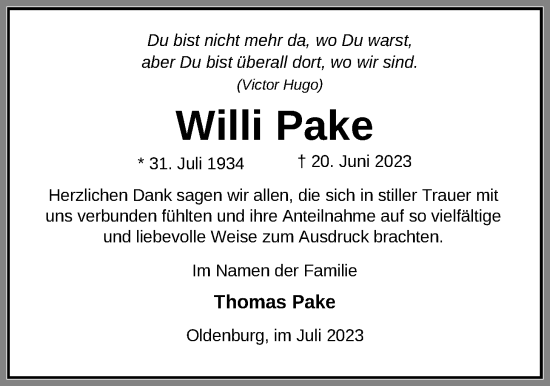 Traueranzeige von Willi Pake von Nordwest-Zeitung