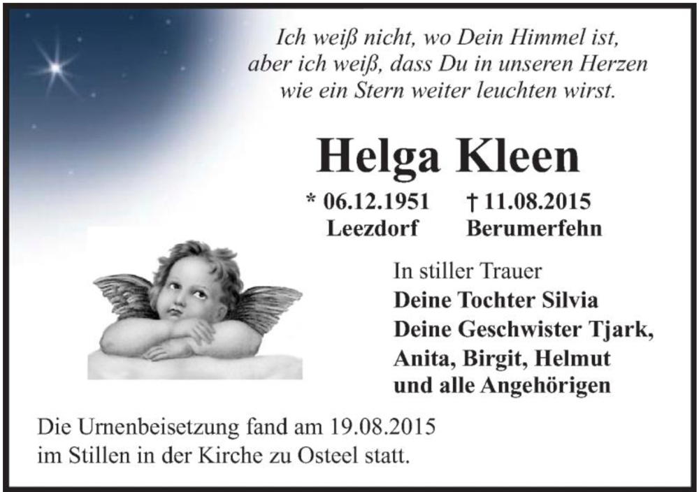  Traueranzeige für Helga Kleen vom 12.08.2015 aus 