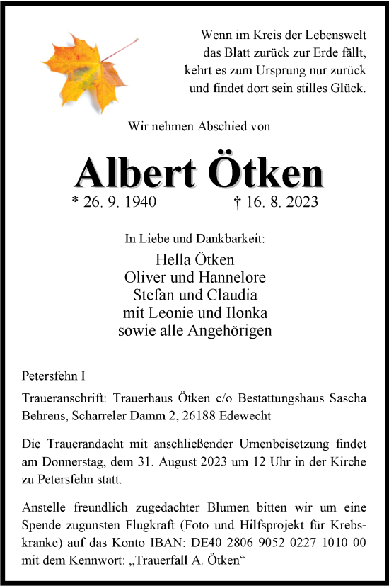 Traueranzeige von Albert Ötken von Nordwest-Zeitung