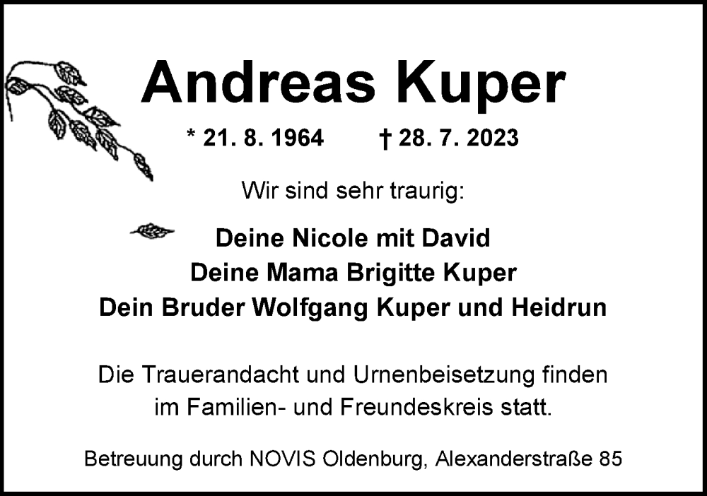  Traueranzeige für Andreas Kuper vom 05.08.2023 aus Nordwest-Zeitung