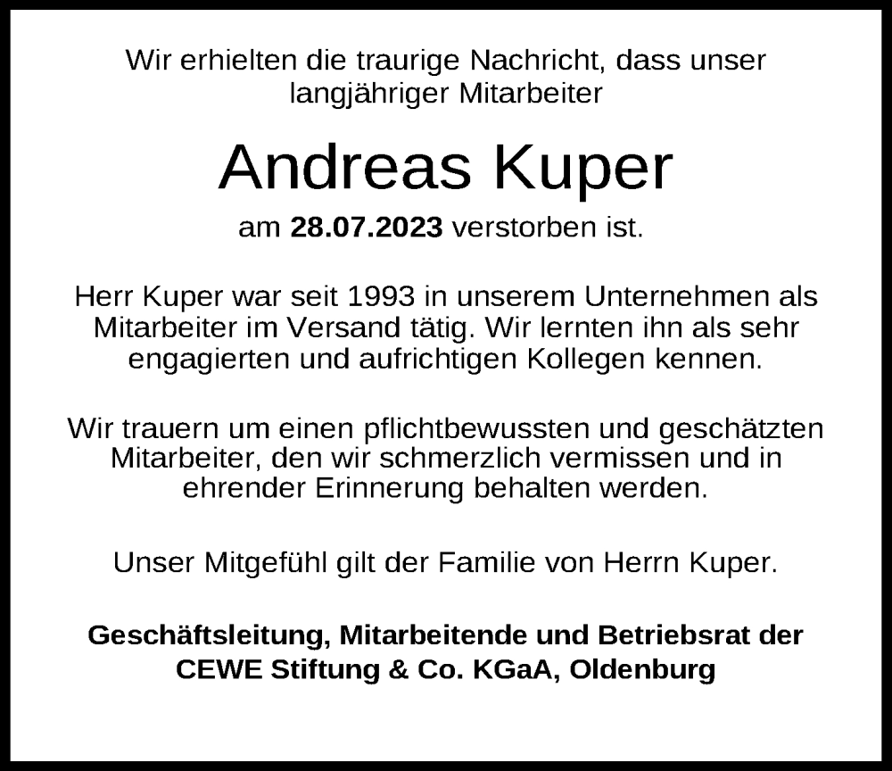  Traueranzeige für Andreas Kuper vom 05.08.2023 aus Nordwest-Zeitung