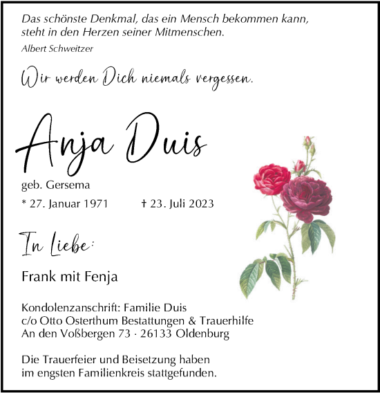 Traueranzeige von Anja Duis von Nordwest-Zeitung