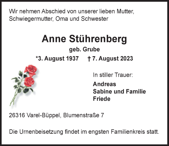 Traueranzeige von Anne Stührenberg von Nordwest-Zeitung