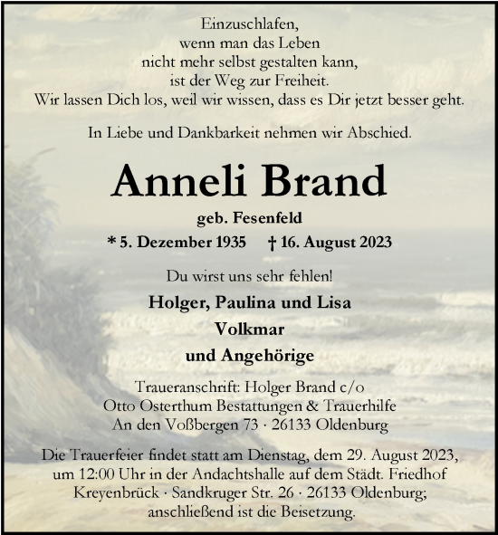 Traueranzeige von Anneli Brand von Nordwest-Zeitung