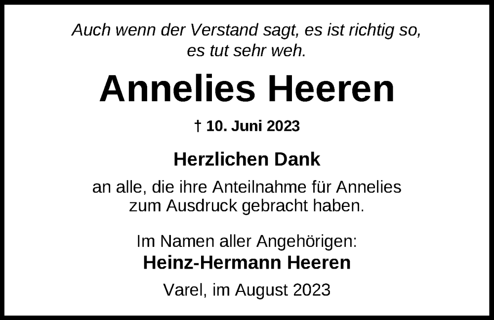  Traueranzeige für Annelies Heeren vom 05.08.2023 aus Nordwest-Zeitung