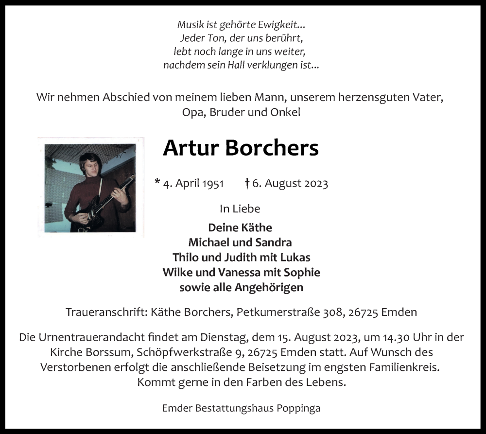  Traueranzeige für Artur Borchers vom 12.08.2023 aus Emder Zeitung