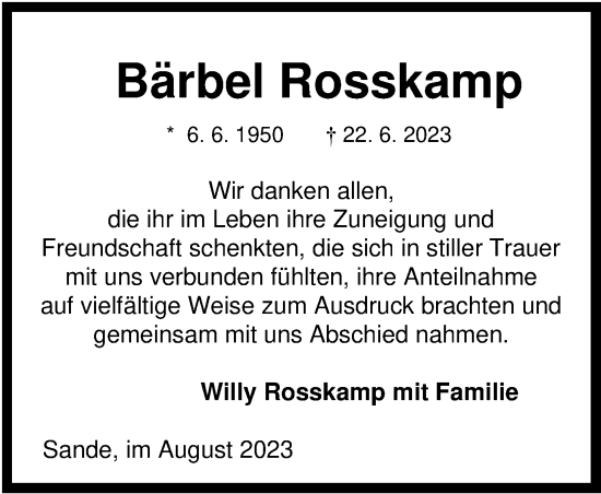 Traueranzeige von Bärbel Rosskamp von WZ/JW/AH