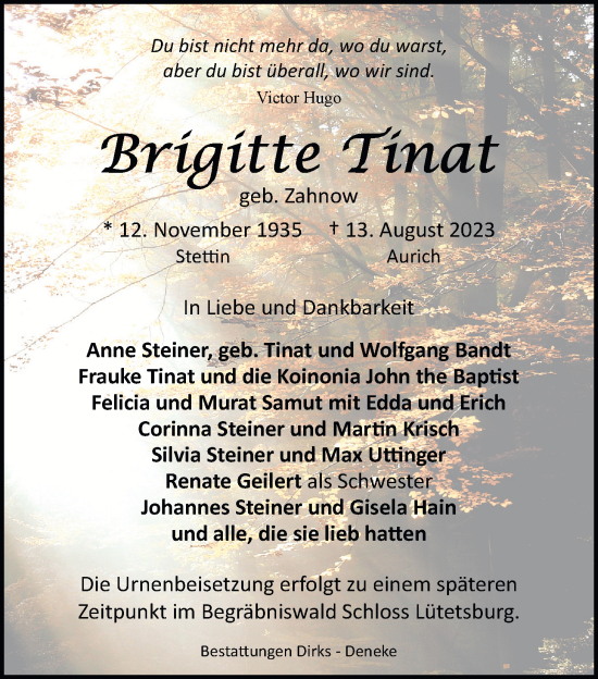 Traueranzeige von Brigitte Tinat von Nordwest-Zeitung