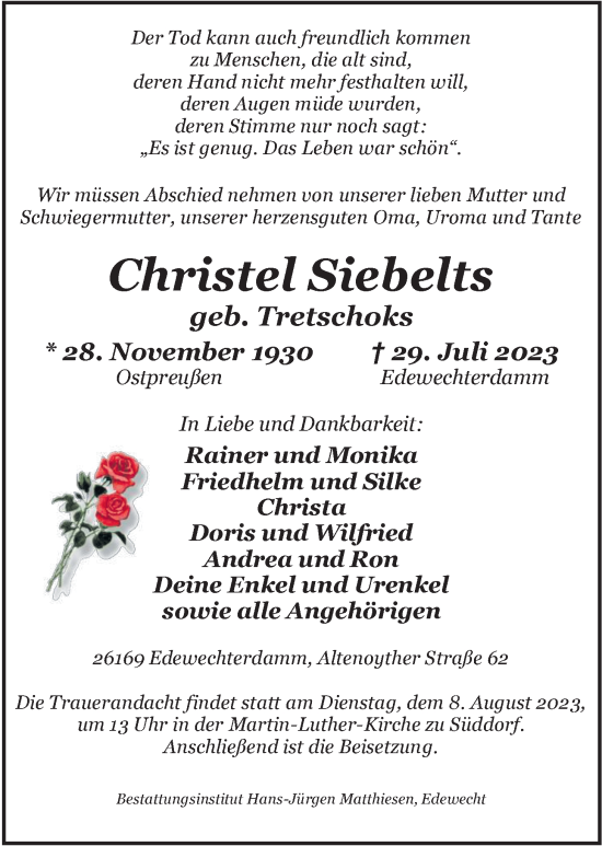 Traueranzeige von Christel Siebelts von Nordwest-Zeitung