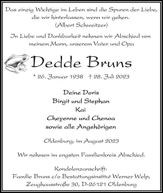 Traueranzeige von Dedde Bruns von Nordwest-Zeitung