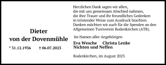 Traueranzeige von Dieter von der Dovenmühle von Nordwest-Zeitung