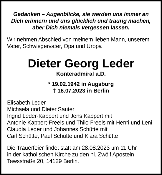 Traueranzeige von Dieter Georg Leder von WZ/JW/AH