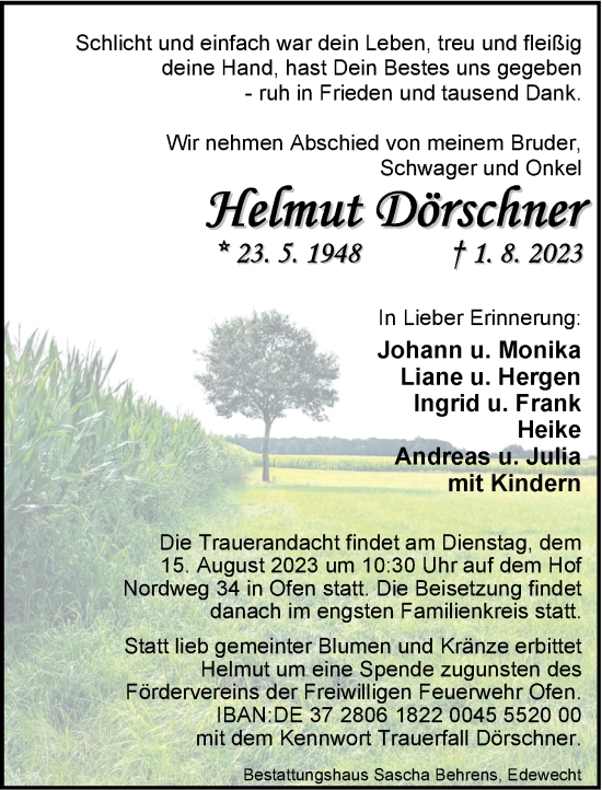 Traueranzeige von Dörschner Helmut von Nordwest-Zeitung