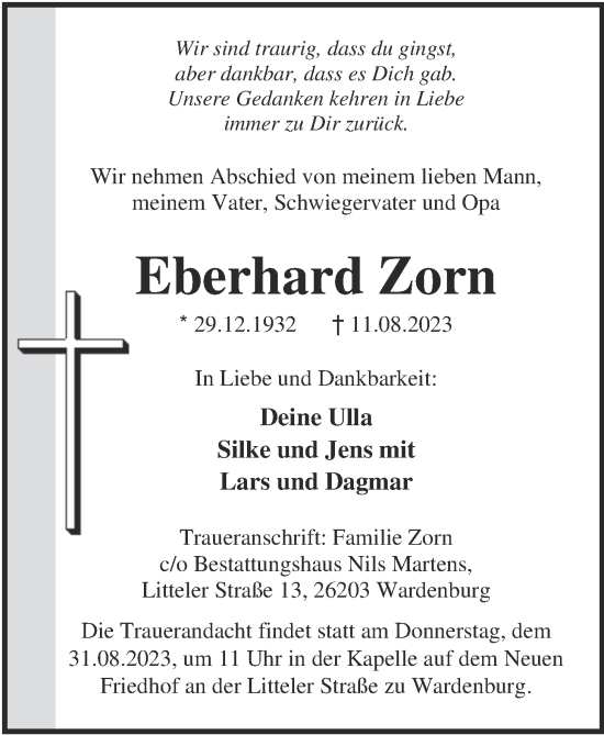 Traueranzeige von Eberhard Zorn von Nordwest-Zeitung