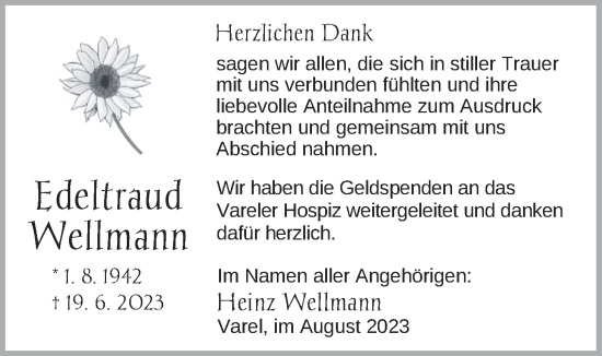 Traueranzeige von Edeltraud Wellmann von Nordwest-Zeitung