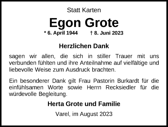 Traueranzeige von Egon Grote von Nordwest-Zeitung