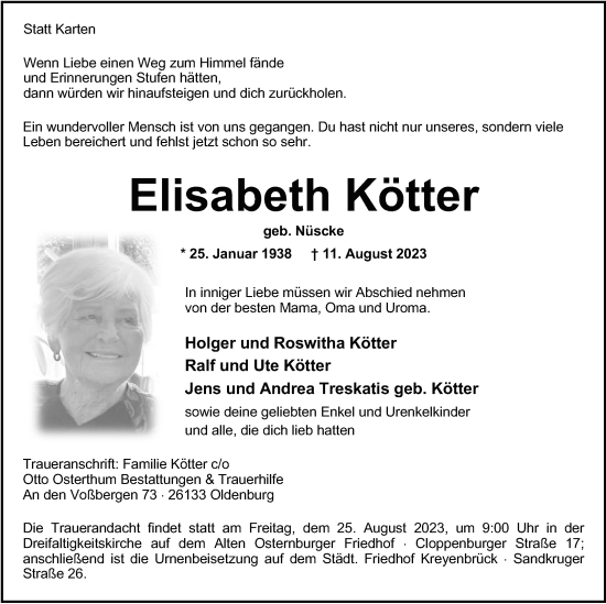 Traueranzeige von Elisabeth Kötter von Nordwest-Zeitung