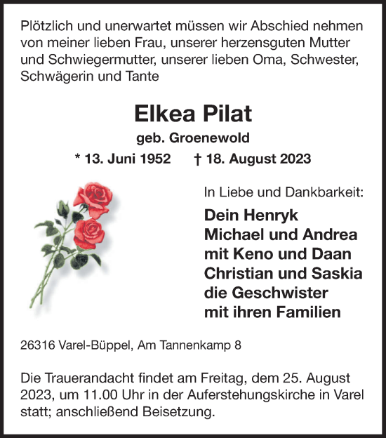 Traueranzeige von Elkea Pilat Pilat von Nordwest-Zeitung