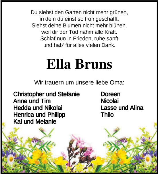 Traueranzeige von Ella Bruns von Nordwest-Zeitung