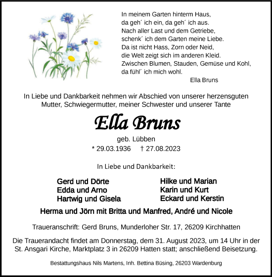Traueranzeige von Ella Bruns von Nordwest-Zeitung