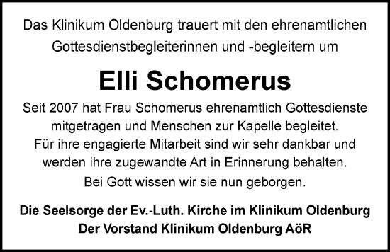 Traueranzeige von Elli Schomerus von Nordwest-Zeitung