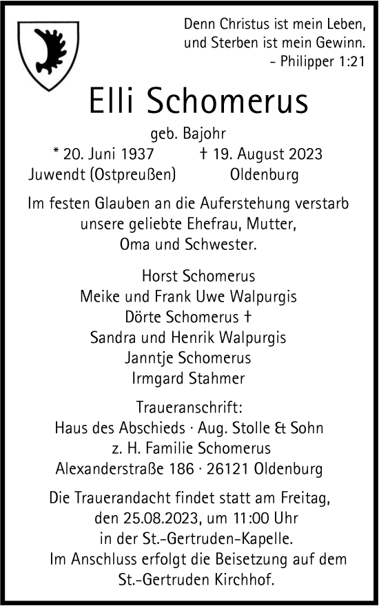 Traueranzeige von Elli Schomerus von Nordwest-Zeitung