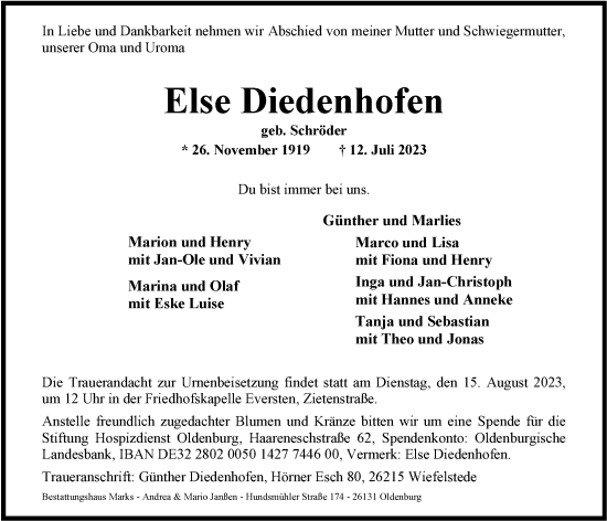 Traueranzeige von Else Diedenhofen von Nordwest-Zeitung