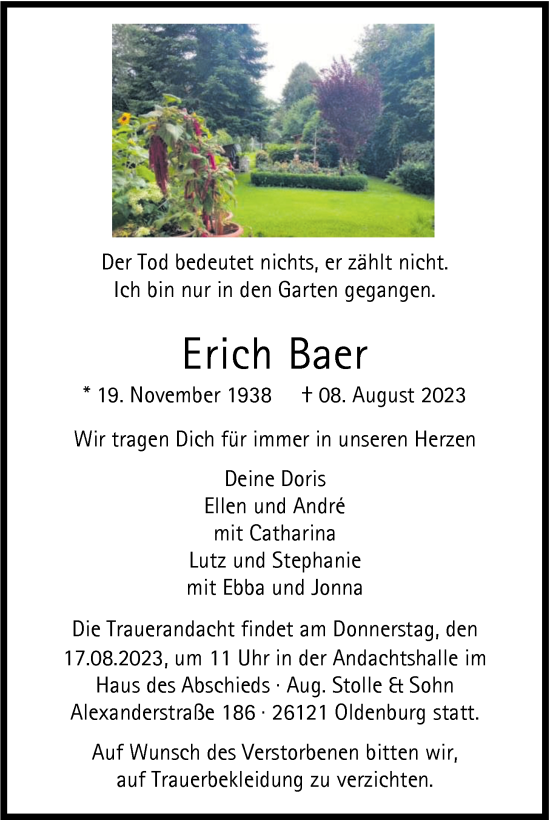 Traueranzeige von Erich Baer von Nordwest-Zeitung