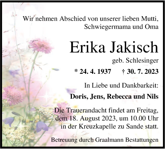 Traueranzeige von Erika Jakisch von WZ/JW/AH