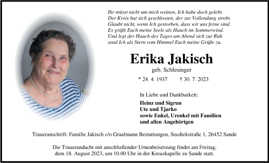 Traueranzeige von Erika Jakisch von WZ/JW/AH