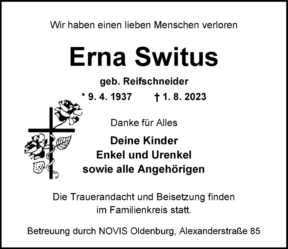  Traueranzeige für Erna Switus vom 05.08.2023 aus Nordwest-Zeitung