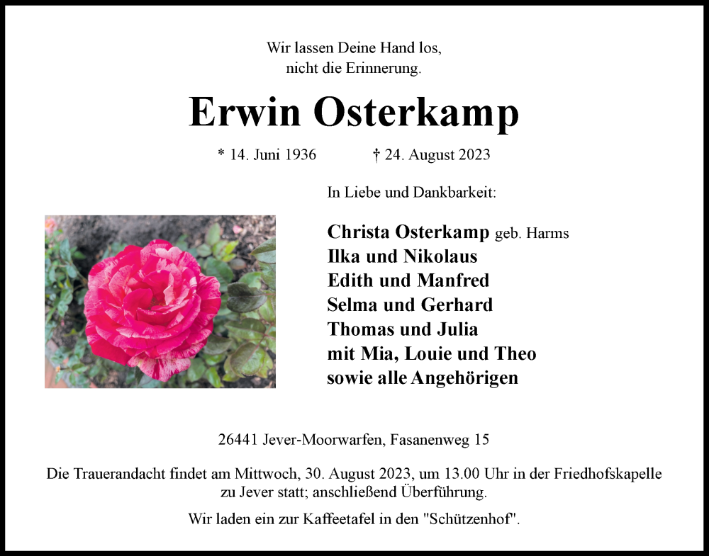  Traueranzeige für Erwin Osterkamp vom 26.08.2023 aus WZ/JW/AH
