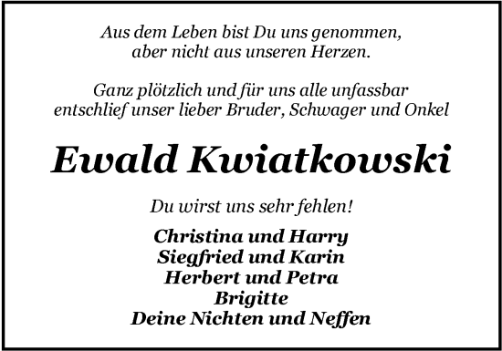 Traueranzeige von Ewald Kwiatkowski von Nordwest-Zeitung