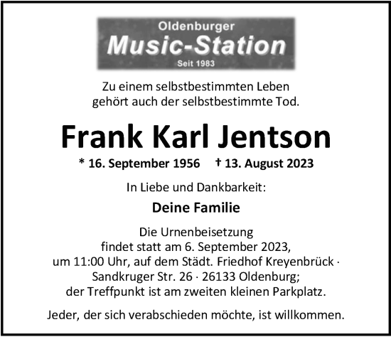 Traueranzeige von Frank Karl Jentson von Nordwest-Zeitung