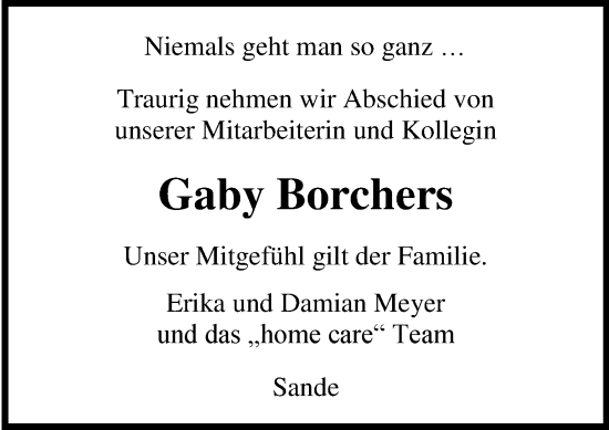 Traueranzeige von Gabriele Borchers von WZ/JW/AH